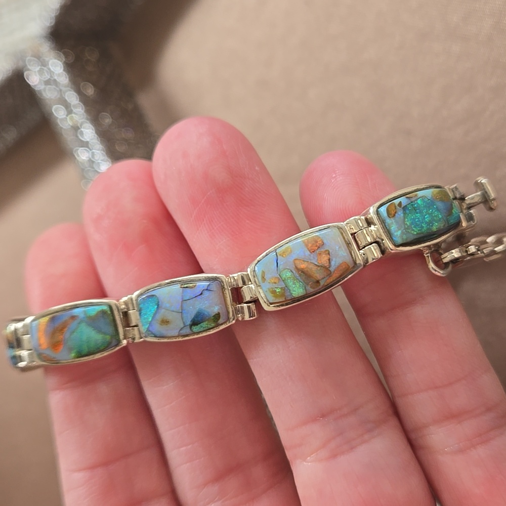 Vintage Navajo Calvin Begay Sterling Opal Bracelet - Picture 7 of 12